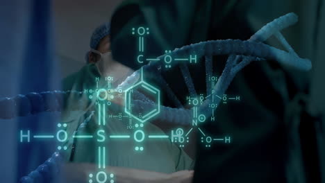 Animation-Des-DNA-Strangs-Und-Wissenschaftliche-Datenverarbeitung-über-Verschiedene-Chirurgen-Im-Krankenhaus