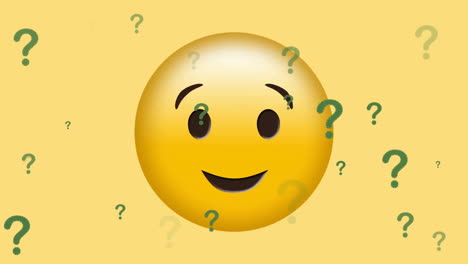 Animation-of-smiling-emoji-icon-with-question-marks-on-yellow-background