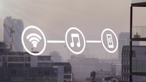 Animation-of-network-of-wifi-and-media-icons-over-modern-cityscape