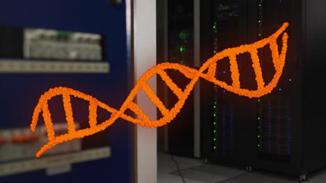 Animation-Eines-Orangefarbenen-DNA-Strangs,-Der-über-Dunklen-Computerservern-Rotiert