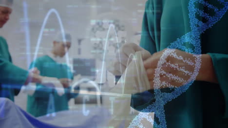 Animation-Des-DNA-Strangs-Und-Der-Datenverarbeitung-Durch-Verschiedene-Chirurgen-Im-Krankenhaus
