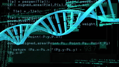 Animation-of-dna-strand-over-data-processing-on-black-background