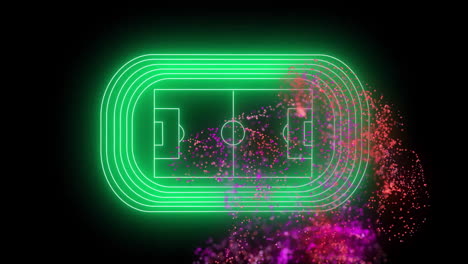 Animation-of-network-of-pink-and-purple-particles-over-green-neon-football-stadium-on-black