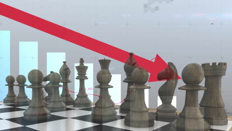 Animation-of-downward-arrow,-graph-and-processing-data-over-chess-pieces-on-board