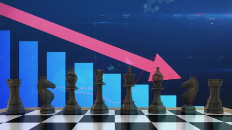 Animation-of-downward-arrow,-graph-and-processing-data-over-chess-pieces-on-board