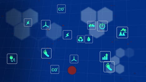 Animation-Von-Öko-Symbolen-Und-Datenverarbeitung-Auf-Blauem-Hintergrund