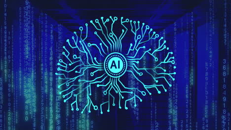 Animation-Eines-Kreisförmigen-KI-Scanners-Und-Eines-Motherboard-Gehirnnetzwerks-über-Blauen-Computerservern