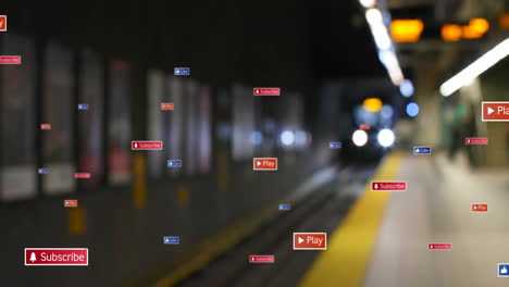 Animation-of-social-media-notifications-over-train-pulling-into-city-station