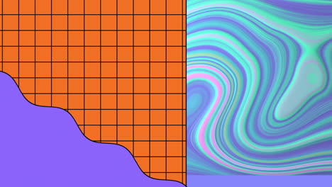 Animation-of-orange-grid-and-purple-wave-over-blue,-pink-and-purple-swirl