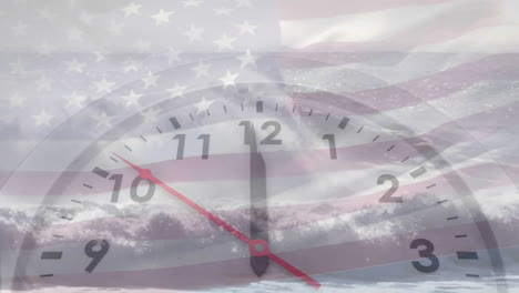 Animation-of-fast-moving-hands-on-clock-over-american-flag-and-cloudy-sky