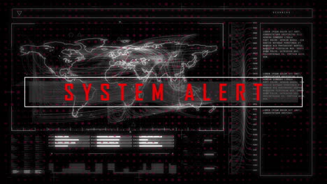 Animation-of-system-alert-text-and-data-processing-over-world-map