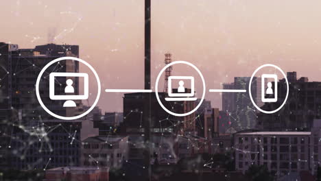 Animation-of-network-of-digital-media-icons-over-modern-cityscape