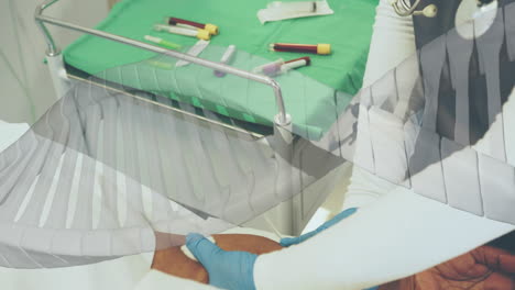Animation-of-dna-strand-over-blood-samples-on-table-and-doctor-in-hospital