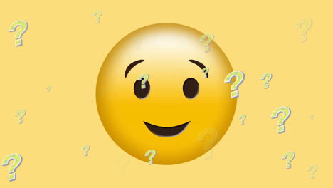 Animation-of-smiling-emoji-icon-with-question-marks-on-yellow-background