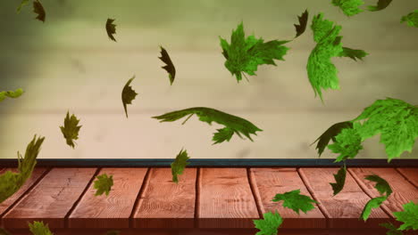 Animation-of-autumn-leaves-falling-over-wooden-surface-and-green-background