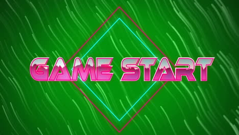 Animation-of-game-start-text-in-pink-metallic-letters-over-white-light-trails-on-green-background