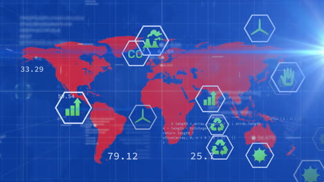 Animation-Von-Ökologiesymbolen-über-Datenverarbeitung-Und-Weltkarte-Auf-Blauem-Hintergrund