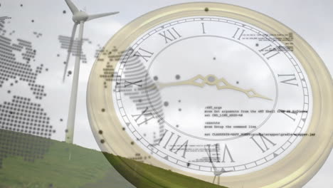 Animation-of-fast-moving-hands-on-clock-over-globe-and-wind-turbine