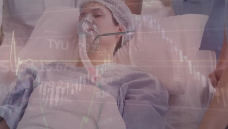 Animation-of-data-processing-over-caucasian-female-patient-in-oxygen-mask