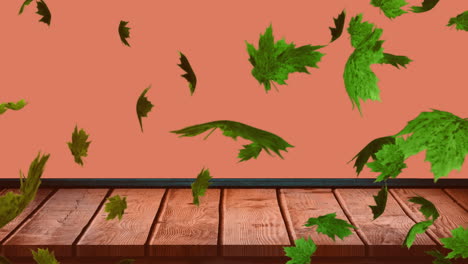 Animation-Von-Herbstblättern,-Die-über-Eine-Holzoberfläche-Und-Einen-Orangefarbenen-Hintergrund-Fallen