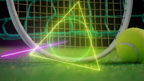 Animation-of-colourful-circle,-triangle-and-square-scanning-tennis-ball-and-racket-by-net-on-court