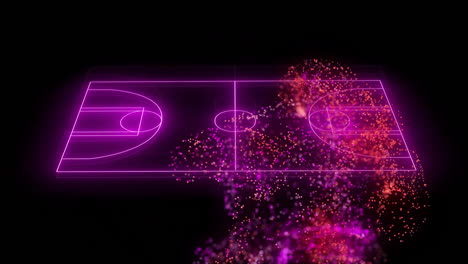 Animation-of-network-of-red-particles-over-purple-neon-basketball-court-on-black-background