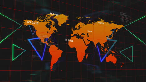 Animation-Von-Bunten-Dreiecken-Und-Datenverarbeitung-über-Einer-Orangefarbenen-Weltkarte-Auf-Schwarzem-Hintergrund