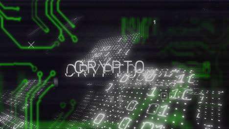 Animation-Von-Kryptotext-über-Dem-Motherboard-Netzwerk-Und-Binärer-Datenverarbeitung-Auf-Schwarz