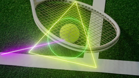 Animation-of-colourful-circle,-triangle-and-square-scanning-tennis-ball-and-racket-on-grass-court