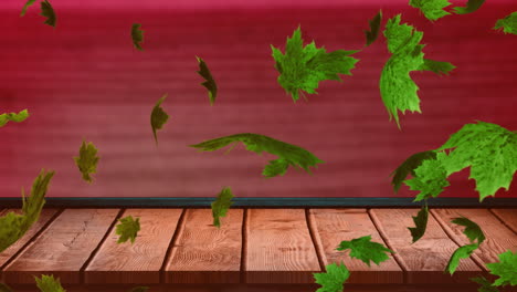 Animation-Von-Herbstblättern,-Die-über-Eine-Holzoberfläche-Und-Einen-Roten-Hintergrund-Fallen