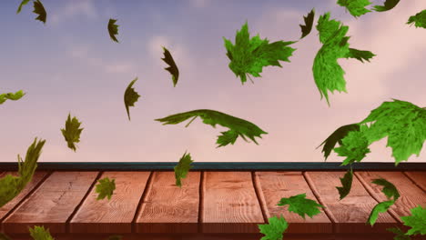Animation-of-autumn-leaves-falling-over-wooden-surface-and-sky-background