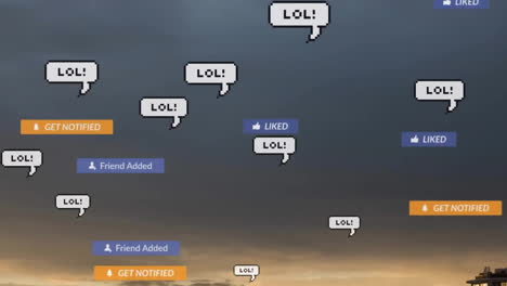 Animation-of-lol-text-chat-messages-and-social-media-notifications-on-sunset-sky