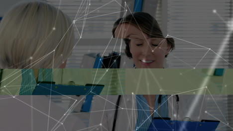 Animation-of-communication-network-over-happy-caucasian-female-doctor-and-patient-talking