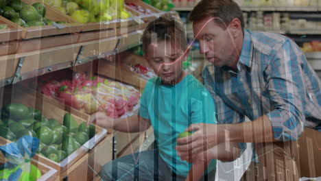 Animation-of-financial-data-processing-over-caucasian-man-with-boy-grocery-shopping