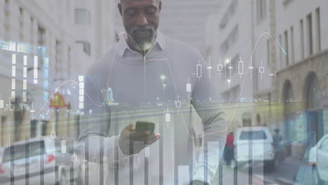 Animation-of-financial-data-processing-over-african-american-man-with-smartphone-on-the-go