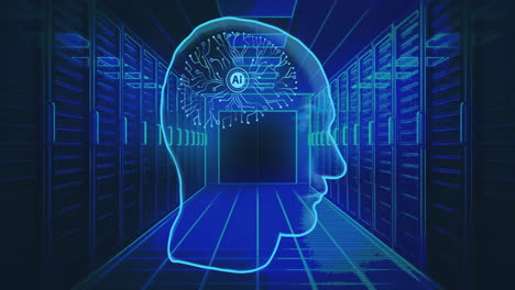 Animation-Eines-Kreisförmigen-KI-Scanners-Und-Eines-Gehirnnetzwerks-Im-Kopf-über-Einem-Blauen-Computerserverraum
