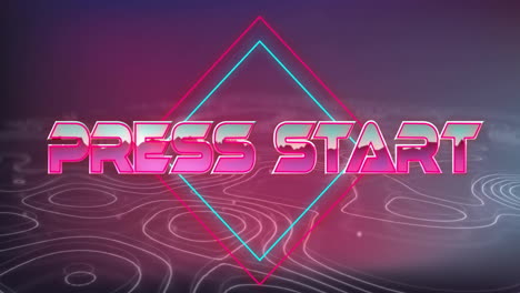 Animation-of-press-start-text-in-pink-metallic-letters-over-moving-contour-lines-on-dark-background