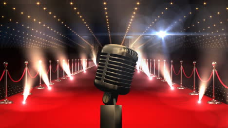 Animation-of-microphone-and-spot-lights-over-red-carpet-on-black-background
