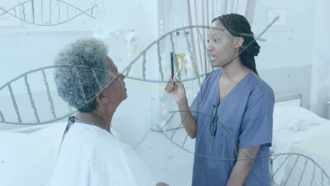 Animation-of-dna-strands-over-african-american-female-doctor-checking-sight-of-senior-female-patient