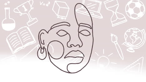 Animation-Eines-Linienporträts-Eines-Afroamerikanischen-Gesichts-über-Symbolen-Aus-Den-Bereichen-Bildung,-Kommunikation-Und-Schule