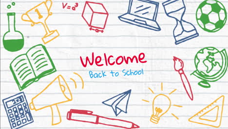 Animation-Des-Texts-„Willkommen-Zurück-In-Der-Schule“-über-Symbolen-Für-Schulgegenstände-Auf-Weißem-Hintergrund