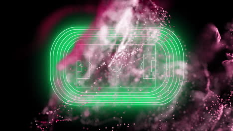 Animation-of-network-of-white-and-pink-particles-floating-over-green-neon-football-stadium-on-black
