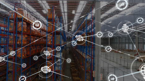 Animation-of-network-of-global-communication-and-data-icons-over-shelves-at-goods-warehouse