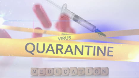 Animation-of-syringe-and-virus-danger-quarantine-texts-over-pills-and-shapes