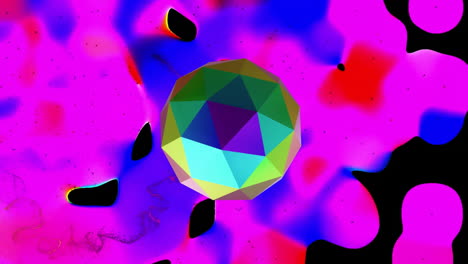 Animation-of-rotating-metallic-multi-faceted-sphere-over-brightly-coloured-abstract-shapes-on-black