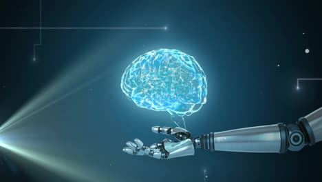 Animation-of-spinning-brain-and-robotic-hand-over-light-spots