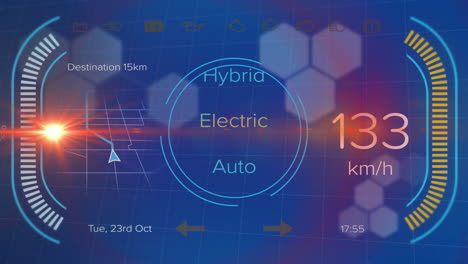 Animation-of-electric-car-dashboard-data-processing-over-blue-background