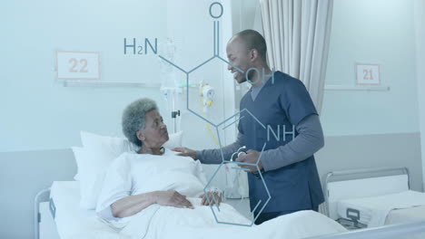 Animation-of-element-diagram-over-happy-african-american-male-doctor-and-senior-female-patient