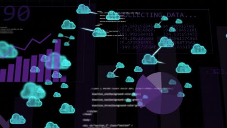 Animation-of-charts-and-processing-data-with-network-of-blue-cloud-icons-on-black-background