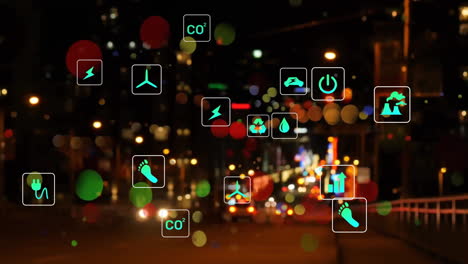 Animation-Von-Öko-Symbolen-Und-Datenverarbeitung-über-Unscharfen-Stadtlichtern